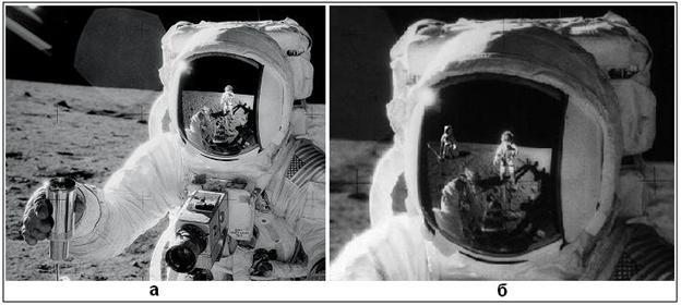 Илл.3 . Почему видна макушка шлема астронавта? а) фотография, вызвавшая вопросы скептиков, б) ответ – шутка НАСА